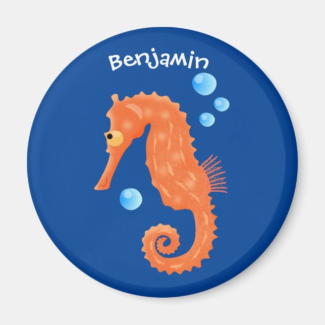 Cute orange seahorse bubbles cartoon illustration magnet (Front)