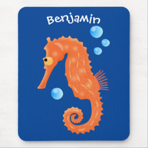 Cute orange seahorse bubbles cartoon illustration mouse mat