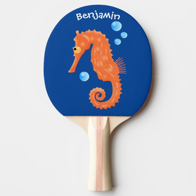 Cute orange seahorse bubbles cartoon illustration ping pong paddle (Front)