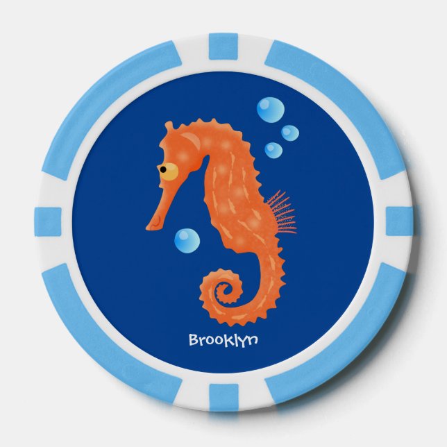 Cute orange seahorse bubbles cartoon illustration poker chips (Front)