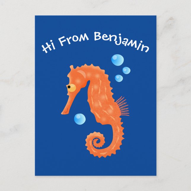 Cute orange seahorse bubbles cartoon illustration postcard (Front)
