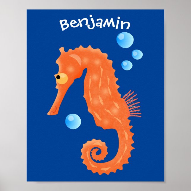 Cute orange seahorse bubbles cartoon illustration poster (Front)