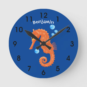 Cute orange seahorse bubbles cartoon illustration round clock