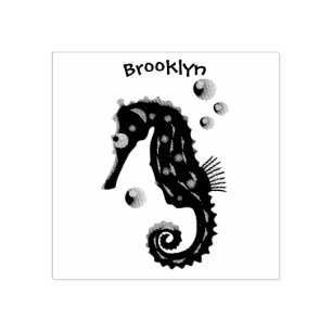Cute orange seahorse bubbles cartoon illustration rubber stamp