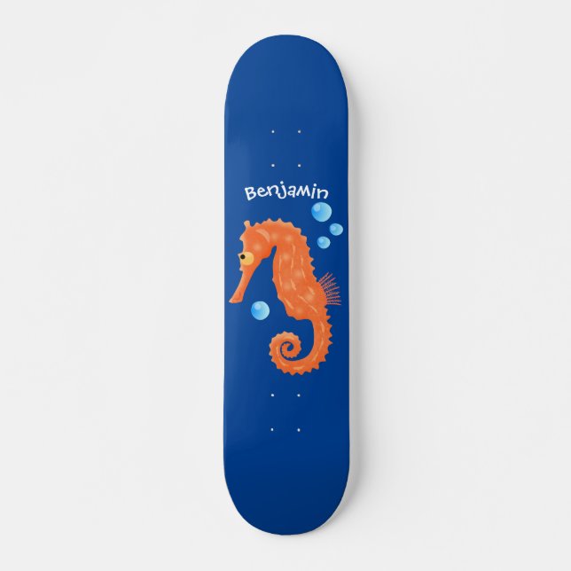 Cute orange seahorse bubbles cartoon illustration skateboard (Front)