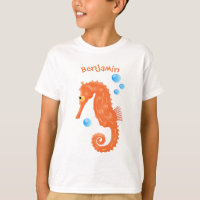 Cute orange seahorse bubbles cartoon illustration