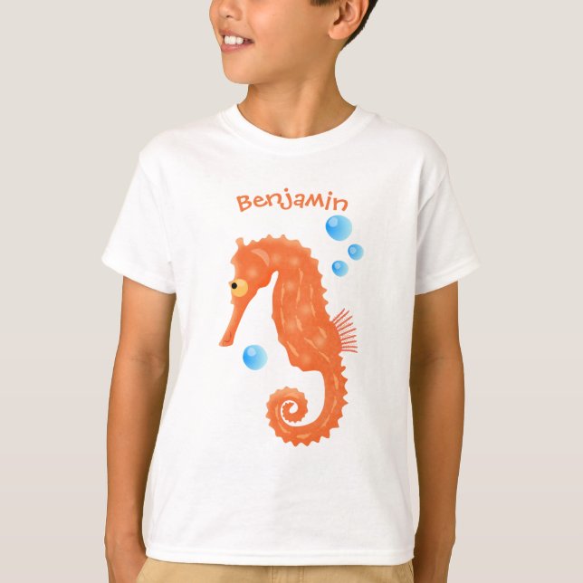 Cute orange seahorse bubbles cartoon illustration T-Shirt (Front)