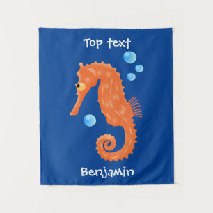 Cute orange seahorse bubbles cartoon illustration tapestry