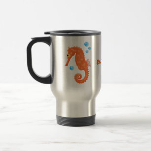 Cute orange seahorse bubbles cartoon illustration travel mug
