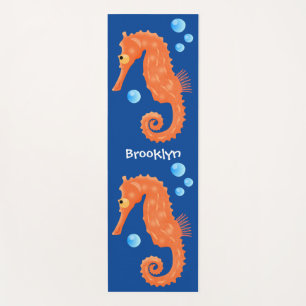 Cute orange seahorse bubbles cartoon illustration yoga mat