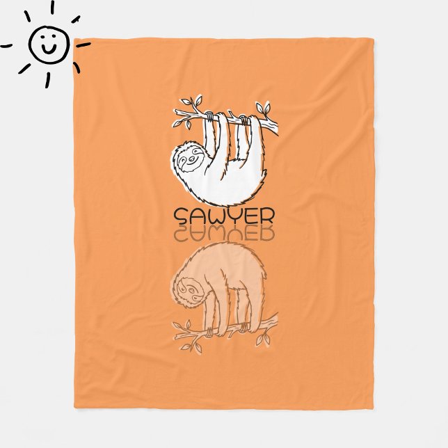 Cute Orange Sloth Reflection Doodle Custom Name Fleece Blanket (Creator Uploaded)