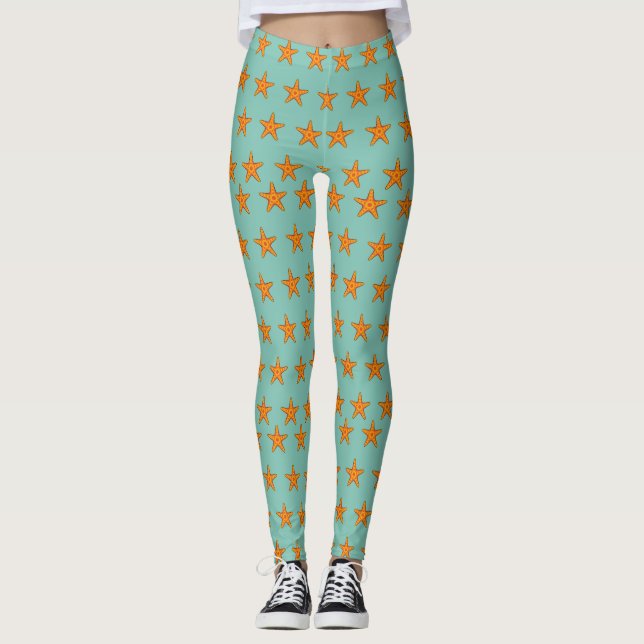 Cute Orange Starfish Cartoon Leggings (Front)