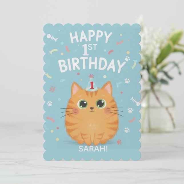 Cute Orange Tabby Cat 1st Birthday | Customisable  Invitation (Standing Front)