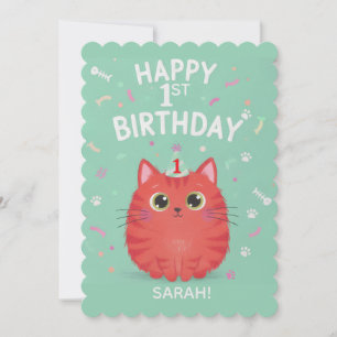 Cute Orange Tabby Cat 1st Birthday   Customizable  Invitation