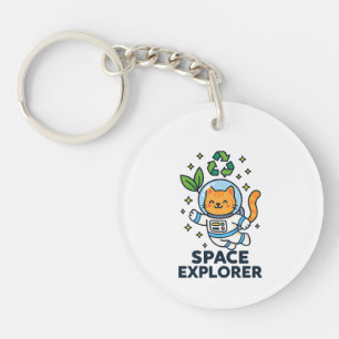 Cute orange tabby cat astronaut waving paw key ring