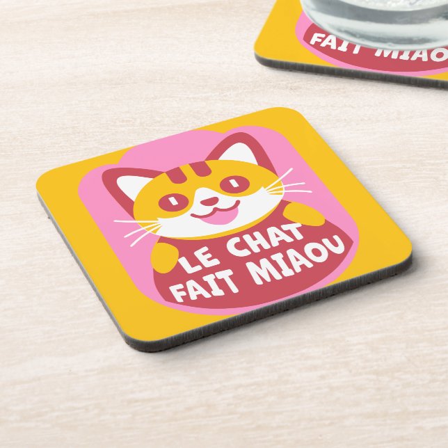 Cute Orange Tabby Cat Cartoon Says Meow in French Coaster (Left Side)