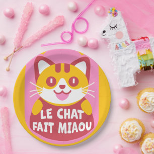 Cute Orange Tabby Cat Cartoon Says Meow in French Paper Plate
