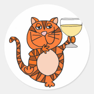 Cute Orange Tabby Cat Drinking Wine Cartoon Classic Round Sticker