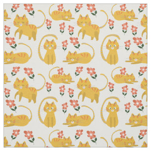 Cute Orange Tabby Cat Floral Repeat Pattern Fabric
