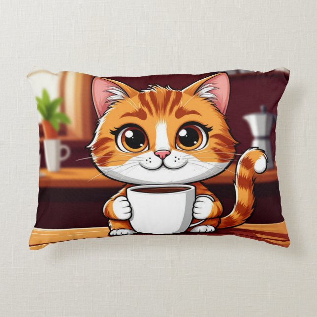 Cute Orange Tabby Cat Illustration with cup Decorative Cushion (Front)
