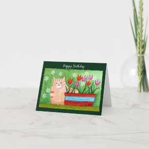 Cute Orange Tabby Cat in Garden Cat Lover Birthday Card