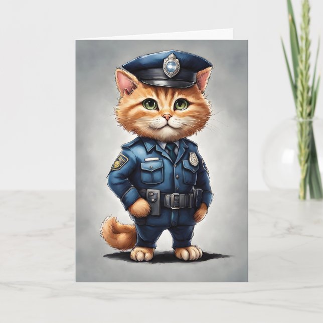 Cute Orange Tabby Cat in Police Uniform Watercolor Card (Front)
