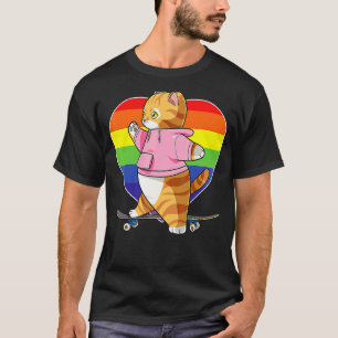 Cute Orange Tabby Cat Skateboarder Rainbow Heart S T-Shirt