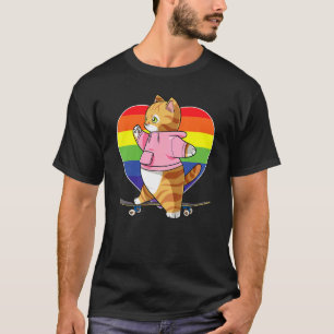 Cute Orange Tabby Cat Skateboarder Rainbow Heart S T-Shirt