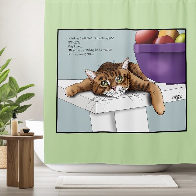 Cute Orange Tabby Cat Treats Funny Waiting Shower Curtain (Creator Uploaded)