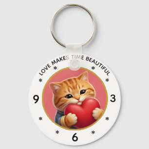 Cute Orange Tabby Cat Wall Clock with Love Quote Key Ring