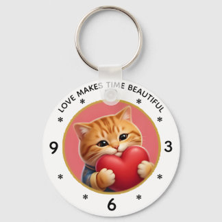 Cute Orange Tabby Cat Wall Clock with Love Quote Key Ring