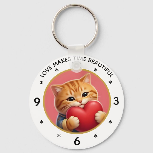 Cute Orange Tabby Cat Wall Clock with Love Quote Key Ring (Front)