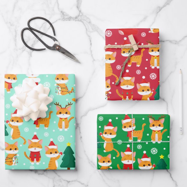 Cute Orange Tabby Christmas Wrapping Paper Sheets (Front)