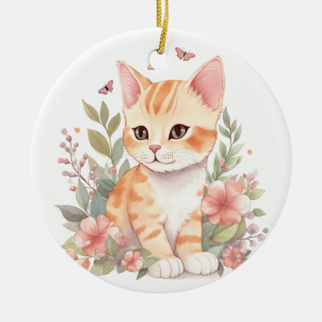Cute Orange Tabby Kitten  Ceramic Tree Decoration (Front)
