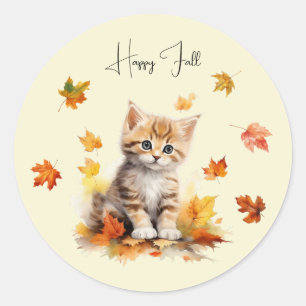 Cute Orange Tabby Kitten in Fall Leaves Classic Round Sticker
