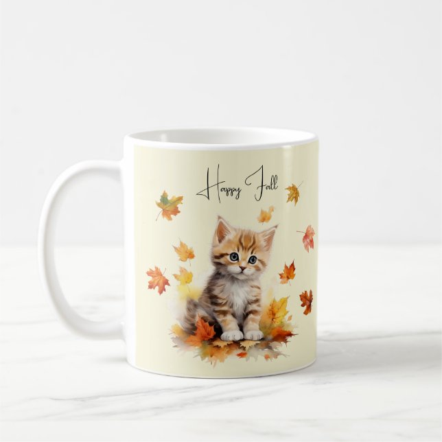 Cute Orange Tabby Kitten in Fall Leaves Coffee Mug (Left)