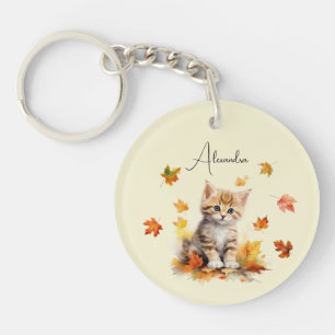 Cute Orange Tabby Kitten in Fall Leaves Key Ring