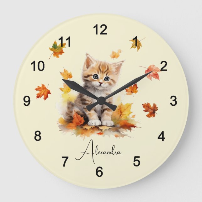 Cute Orange Tabby Kitten in Fall Leaves Large Clock (Front)