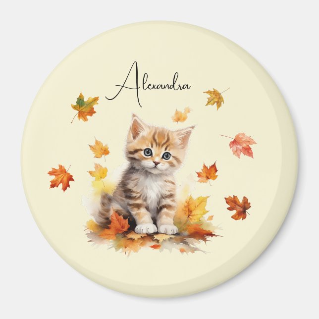 Cute Orange Tabby Kitten in Fall Leaves Magnet (Front)