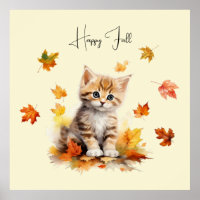 Cute Orange Tabby Kitten in Fall Leaves