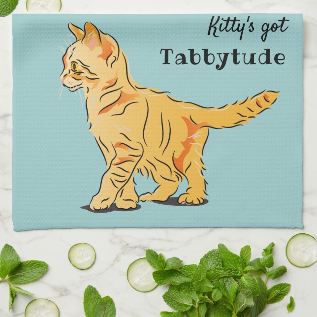 Cute Orange Tabby Kitten Tabbytude Tea Towel (Folded)