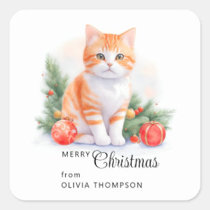 Cute Orange Tabby Kitty Merry Christmas Square Sticker