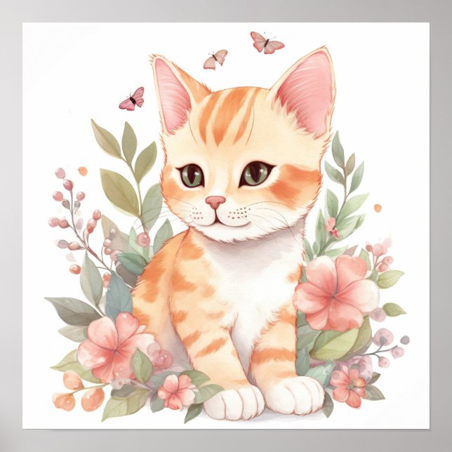 Cute Orange Tabby Kitty with Flowers Watercolor Poster (Front)