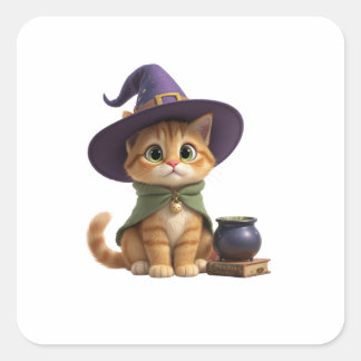 Cute Orange Tabby Witch Cat Halloween Square Stick Sticker