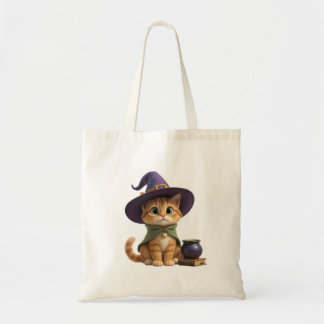 Cute Orange Tabby Witch Cat Halloween Tote Bag