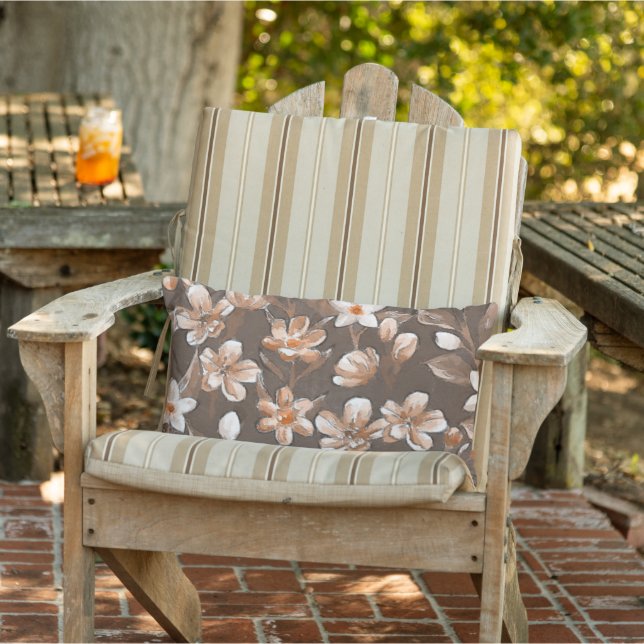 Cute Orange Taupe Dark Brown Pretty Flower Pattern Lumbar Cushion (Chair)