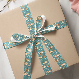 Cute Orange teal Puppy Flowers  Satin Ribbon