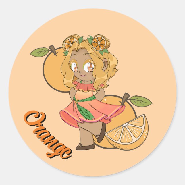Cute Orange Theme Chibi with Oranges Classic Round Sticker (Front)