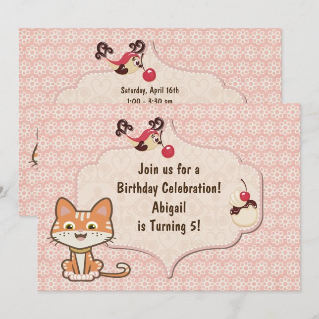 Cute Orange Tiger Kitty Cat and Flowers Birthday Invitation (Front/Back)