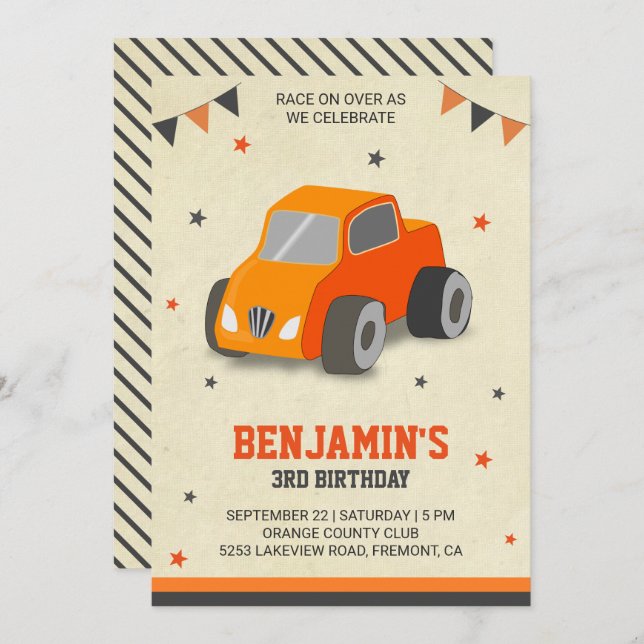 Cute Orange Toy Car Kids Birthday Party Invitation (Front/Back)